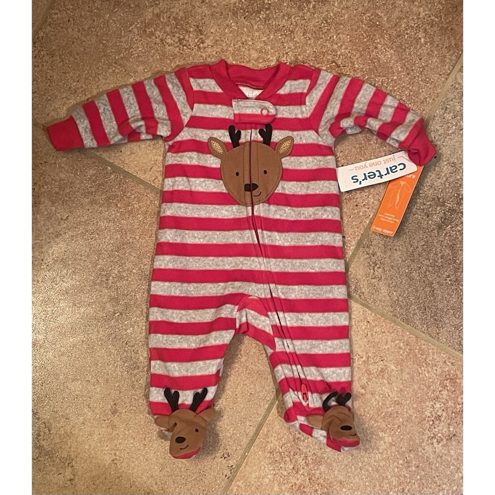 Carter's Christmas Fleece Red/Gray Striped Reindeer Footie Pajamas Size NB NWT